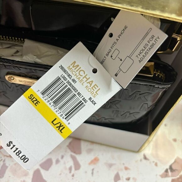 Michael Kors MK Logo Debossed Adjustable Belt Bag Patent Leather Black L/XL - Picture 11 of 13